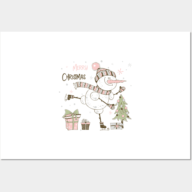 Merry Christmas And Happy New Year Snowman Christmas Tree Perfect Gift for Christmas Day Wall Art by RajaGraphica